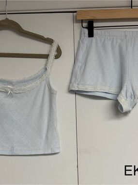THEME Baby Blue Cotton Pointelle Lace Cami & Shorts Pajama Set M